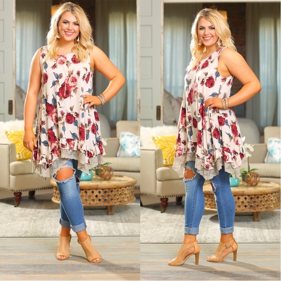 PLUS Oatmeal Floral Lace Trim Tunic - Picture 1 of 4